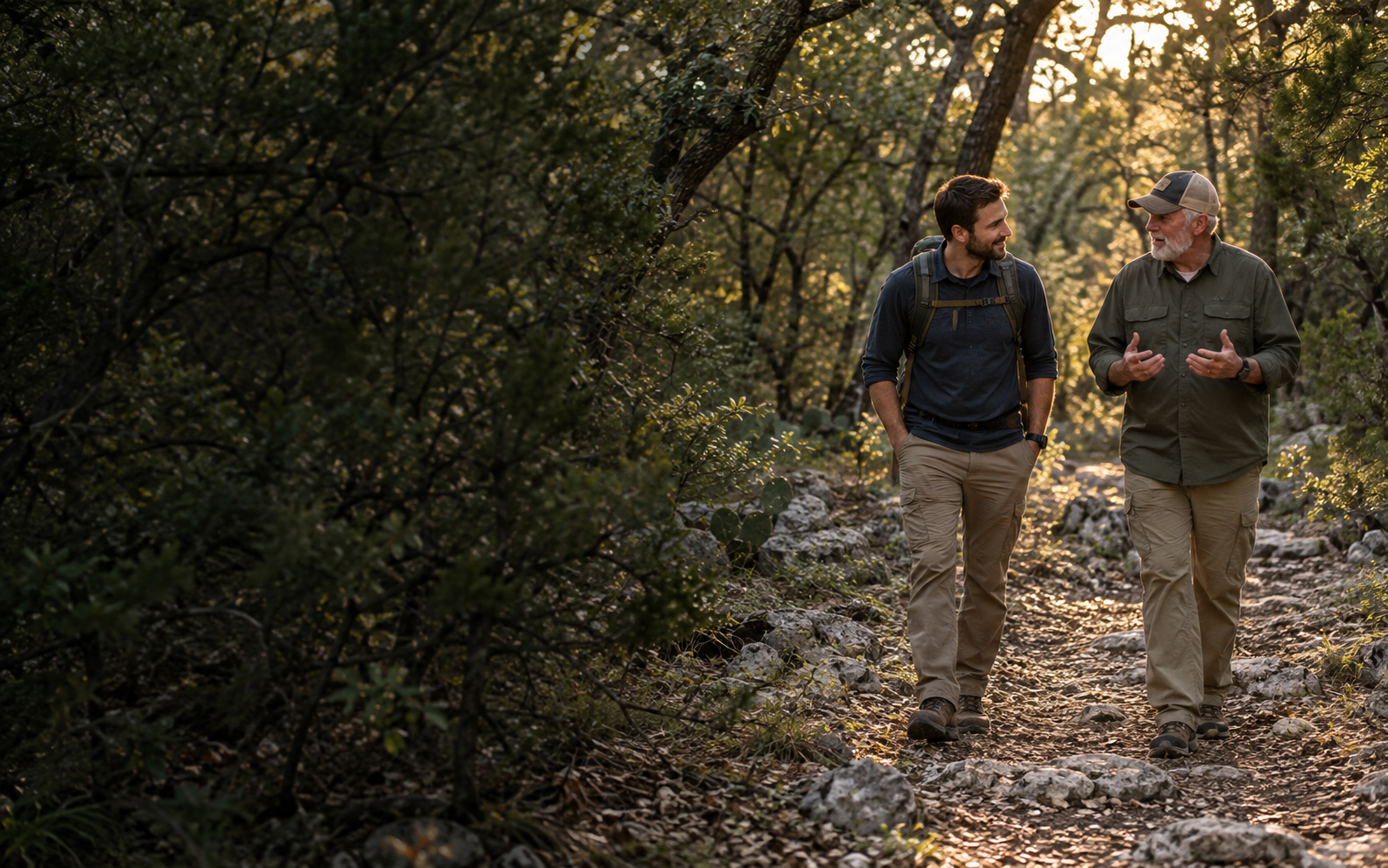 Two men walking together along a wooded path